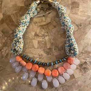 Peach, White and Turquoise Necklace on Knotted Fabric Piece